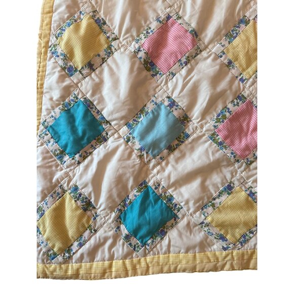 Vintage Handmade Patchwork Baby Quilt Yellow Pink Blue Squares Cotton - Picture 2 of 6